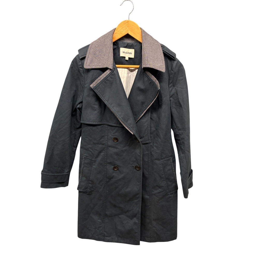 McGinn Trench Coat Women's 38 Medium Navy Blue Double Breasted Cotton Blend‎